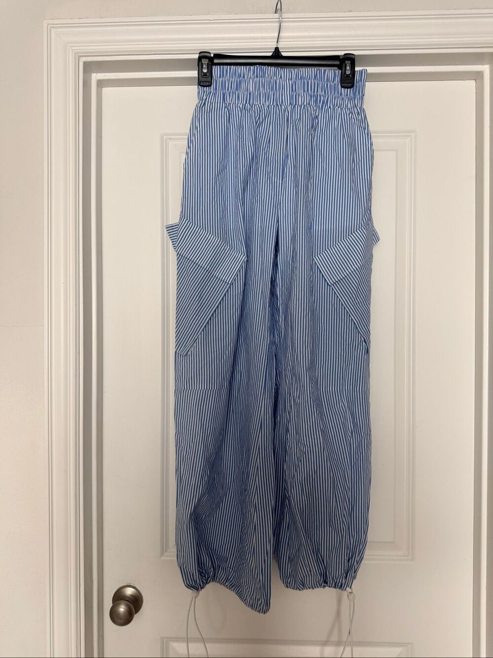 Forever 21 Blue White Striped Parachute Pants Cargo Wide Leg Utility Drawstring